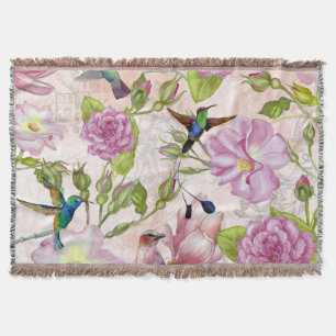 Couverture motif Rose vintage Fleurs et colibris