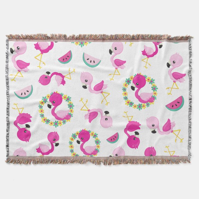 Couverture Motif tropical, Flamants roses, pastèques, Fleurs (Devant)