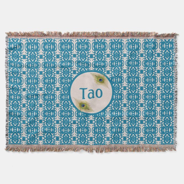 Couverture Motif turquoise & plumes paon sur Tao beige (Devant)
