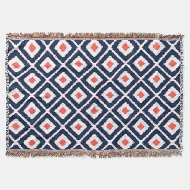 Couverture Navy Blue, Coral, White Ikat Diamond Motif (Devant)