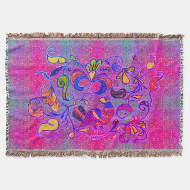 Couverture Neon Folk Art Rosemaling Bird & Feuilles (Devant)