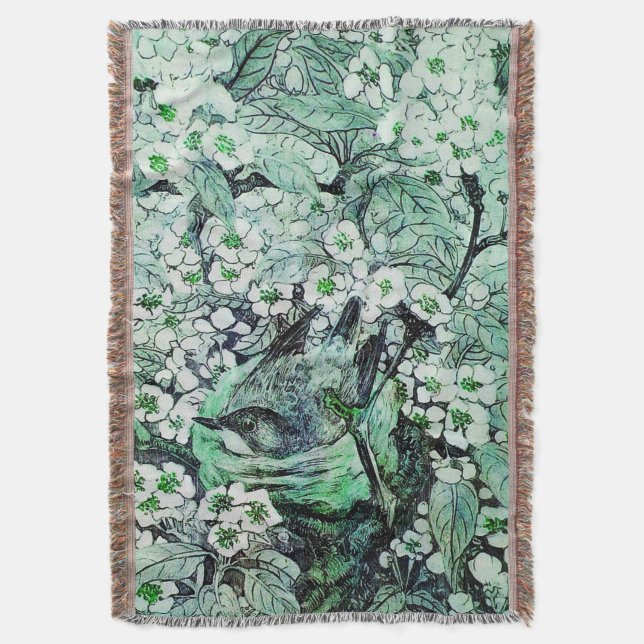 COUVERTURE NID D'OISEAU, ARBRE, FLEURS DE PRINTEMPS BLANC VER (devant Vertical)