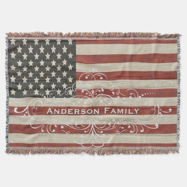 Couverture Nom de famille personnalisé Amérique Drapeau Bois  (Devant)