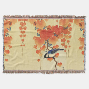 Couverture Oiseau bleu Tit, Branche de Paulownia, Feuilles ro