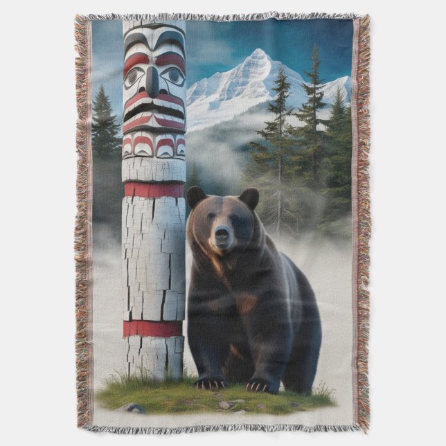 Couverture Ours grizzli avec Totem Pole Art de la faune (devant Vertical)