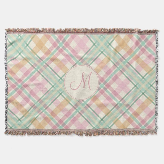 Couverture pastels plaid summertime menthe rose avec monogram (Devant)