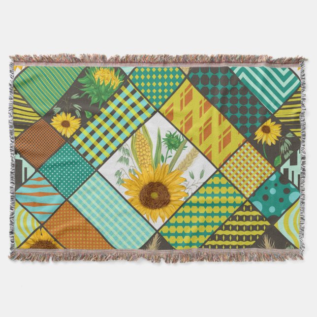Couverture Patchwork de céréales, tournesols, motif géométriq (Devant)