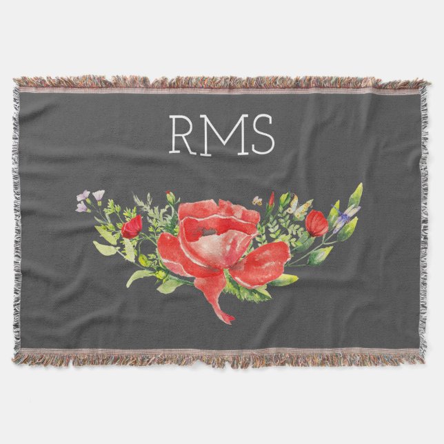 Couverture Pavot rouge sur gris Monogramme personnalisable (Devant)