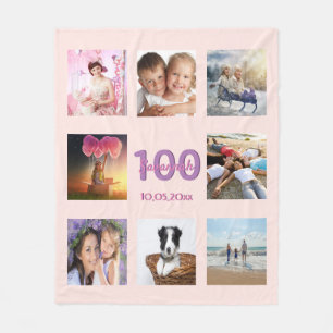Couverture Polaire 100e anniversaire blush rose or nom photo collage