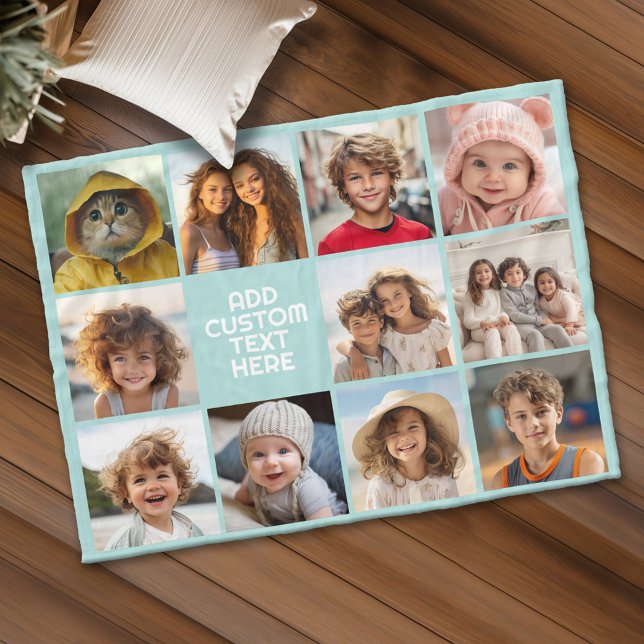 Couverture Polaire 11 Photo Grid nom de boîte industrielle - aqua (Personalized fleece blanket with 11 photos and custom text)