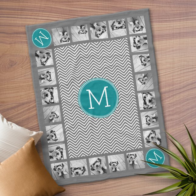 Couverture Polaire 11 Photos Turquoise Charcoal Chevrons Monogramme (Personalized Fleece Blanket)