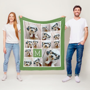 Couverture Polaire 13 Carré Photo Collage Monogramme Vert - vert