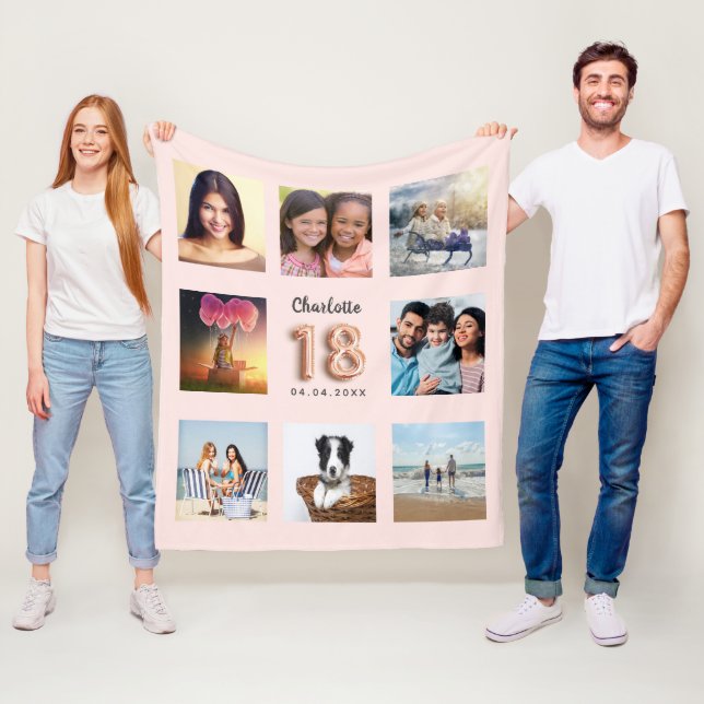 Couverture Polaire 18e anniversaire rose or blush photo collage nom (En situation)