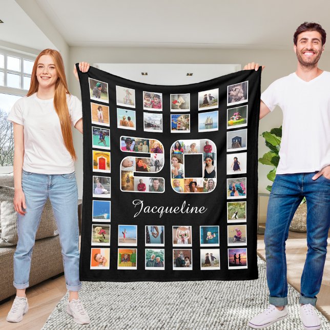 Couverture Polaire 20e anniversaire Famille Photo Collage 49 Photogra (Personalized 20th birthday fleece photo blanket collage held up by 2 people)
