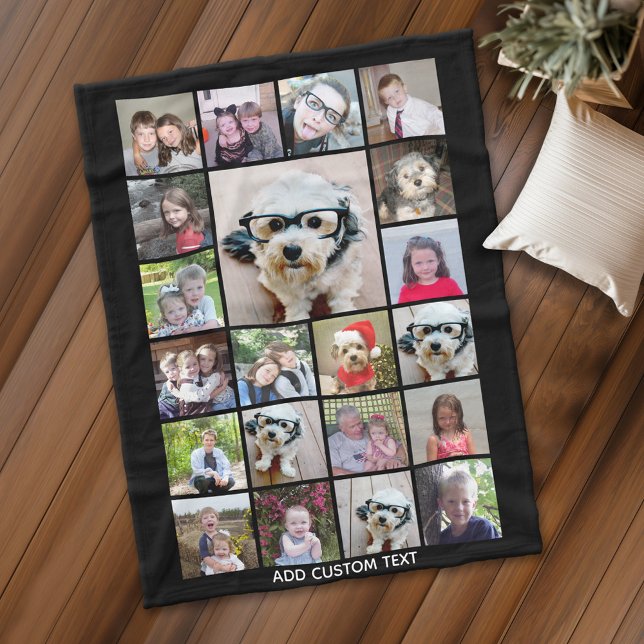 Couverture Polaire 21 Photo Collage - Grille avec texte supplémentair (Personalized fleece blanket with 21 photos and a monogram)