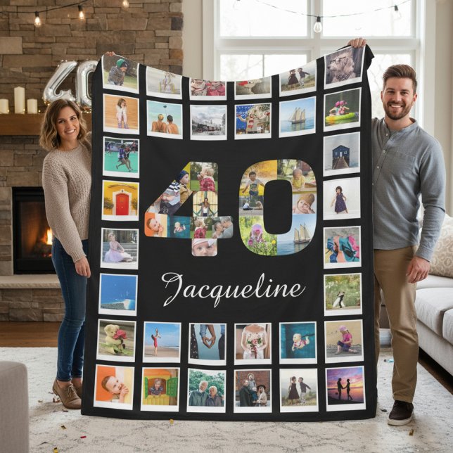 Couverture Polaire 40e anniversaire Famille Photo 40 Collage Immense (Large 40th birthday photo blanket held up by a couple.)