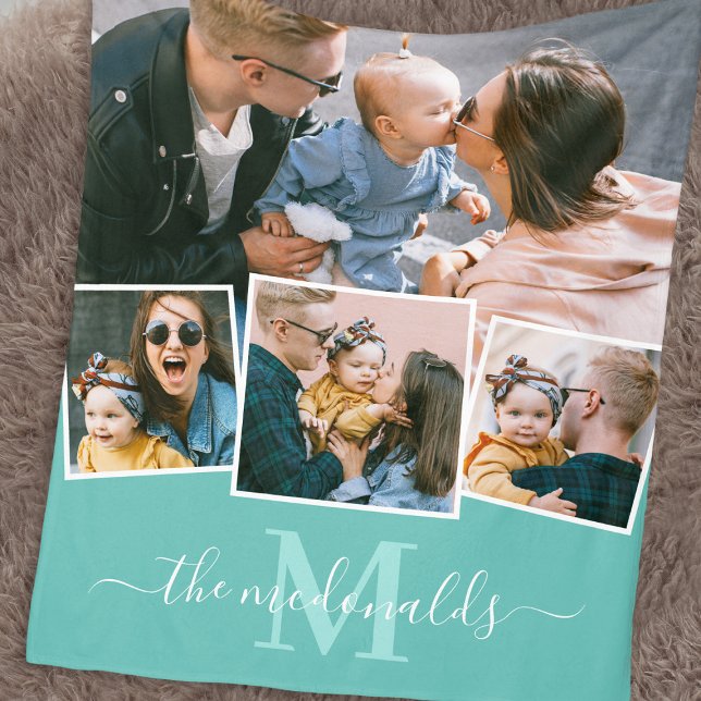 Couverture Polaire 4 Photo Collage Nom du monogramme Turquoise (Créateur téléchargé)