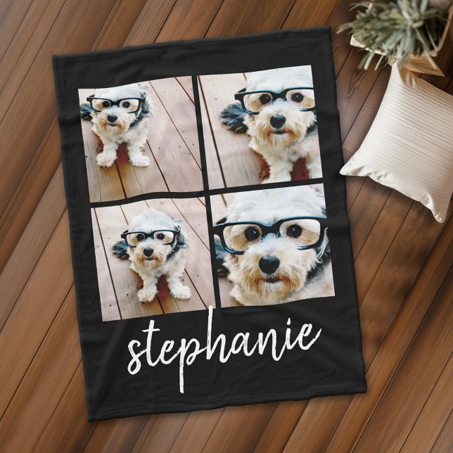 Couverture Polaire 4 Photo Collage - vous pouvez modifier la couleur  (Personalized fleece blanket with 4 photos and custom text)