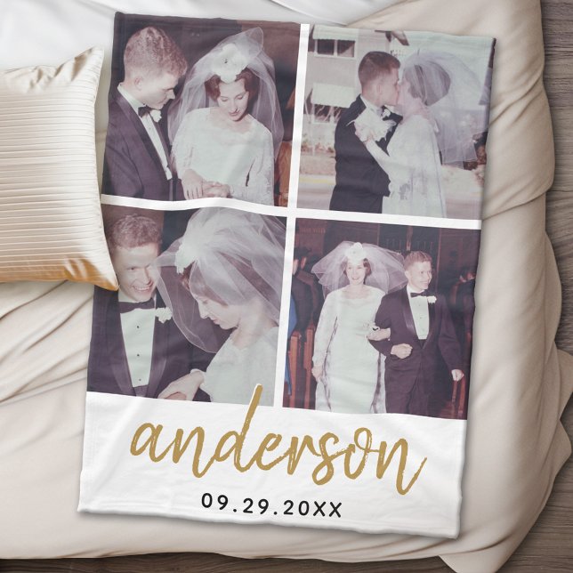 Couverture Polaire 4 Photo Mariage Collage manuscrit Nom (Personalized wedding anniversary fleece blanket)
