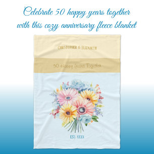 Couverture Polaire 50 ans or anniversaire fleurs bleu