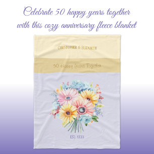 Couverture Polaire 50 ans or anniversaire fleurs violet