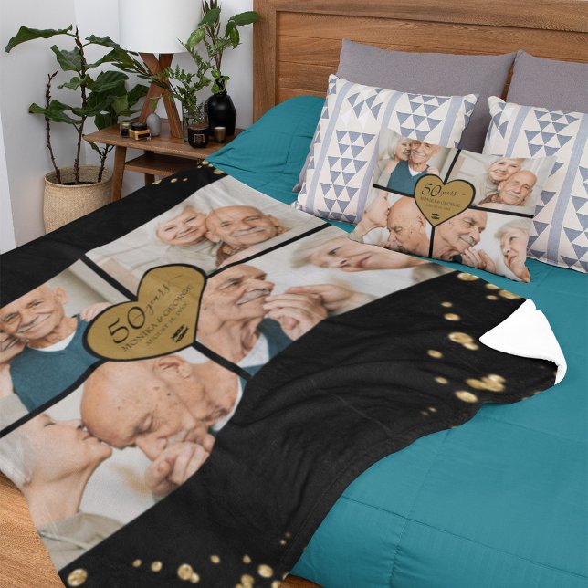 Couverture Polaire 50e anniversaire de Mariage Photo Gold Parties sci (Elegant 50th Anniversary Photo Gold Black Glitter Heart Fleece Blanket)