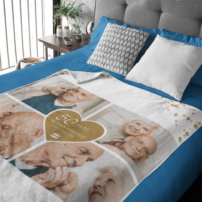 Couverture Polaire 50e anniversaire de Mariage Photo Gold Parties sci (Elegant 50th Anniversary Photo Gold White Glitter Heart Fleece Blanket)