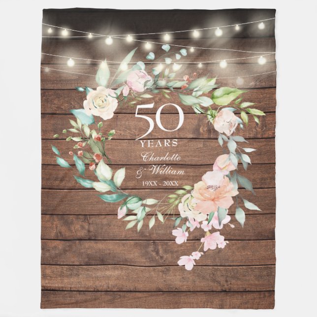 Couverture Polaire 50e anniversaire du Mariage Bois rustique Floral (Devant)