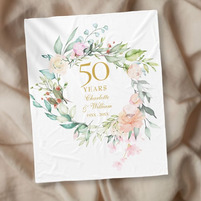 Couverture Polaire 50e anniversaire Mariage d'or Aquarelle Florale (Créateur téléchargé)
