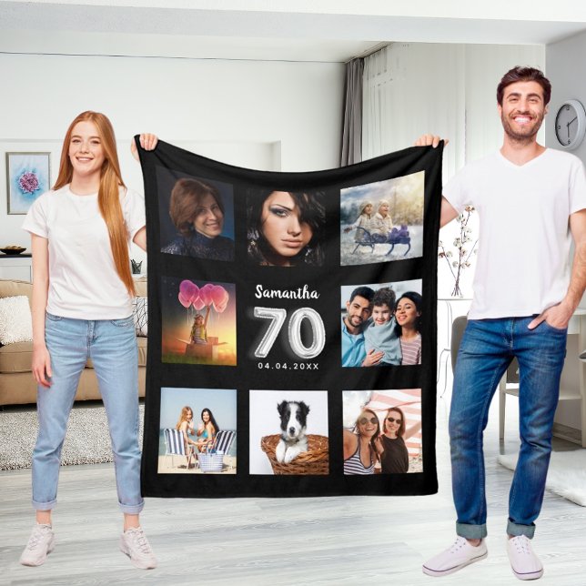 Couverture Polaire 70e anniversaire noir argent photo collage nom (Créateur téléchargé)