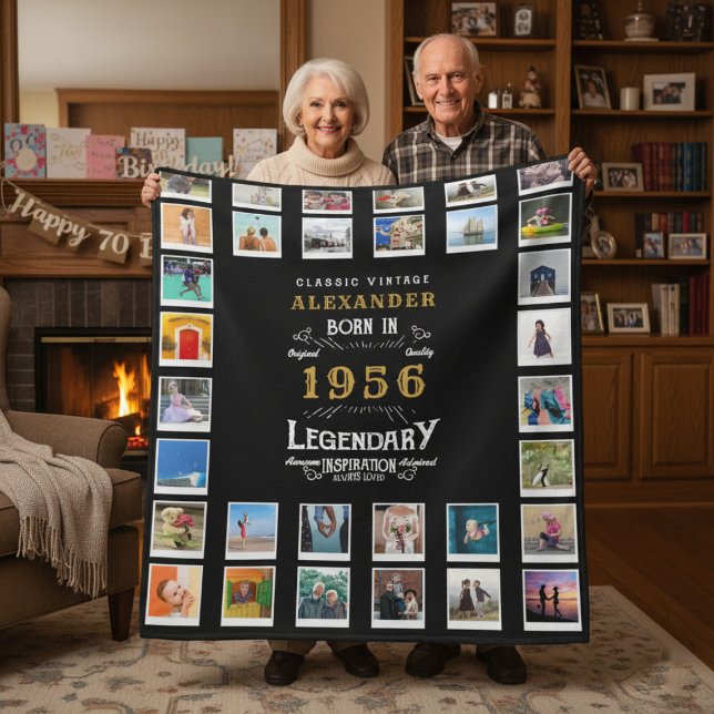 Couverture Polaire 70th Birthday Photo Collage Father Grandfather (1956 fleece blanket photo collage held by elderly couple.)