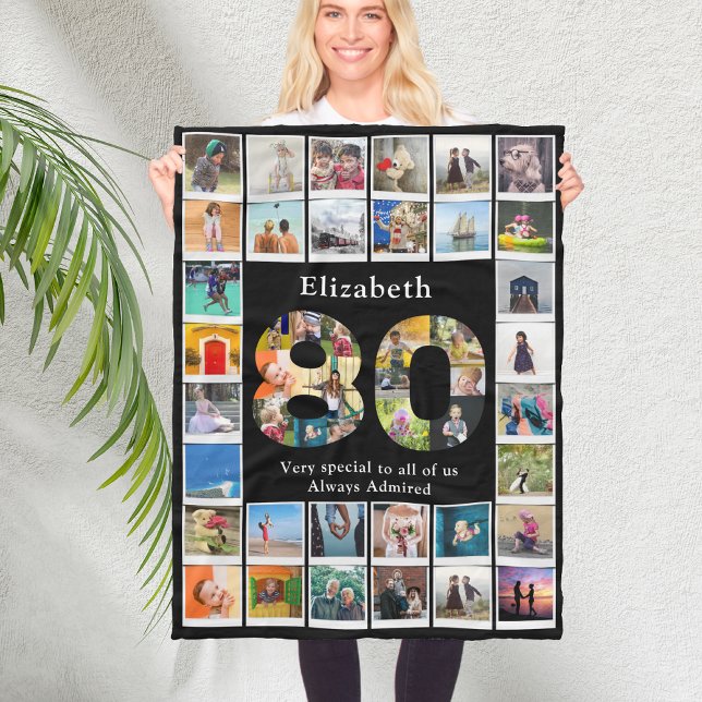 Couverture Polaire 80e anniversaire Modèle photo (Black personalized 80th birthday fleece blanket with family photo collage template.)