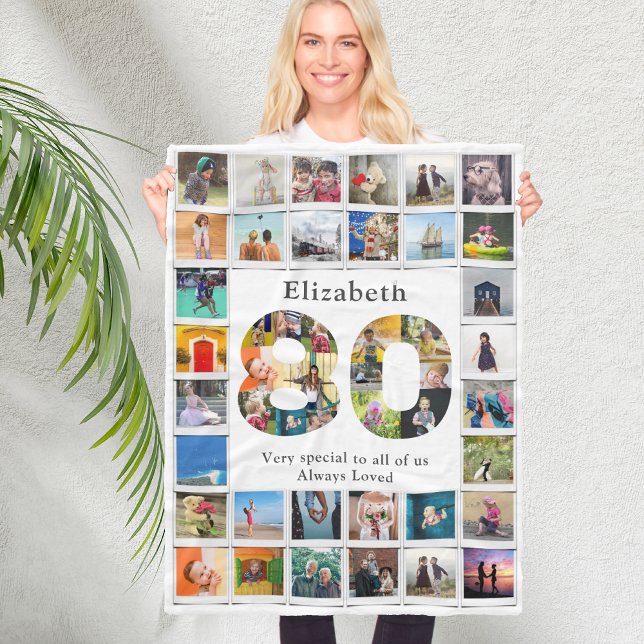Couverture Polaire 80e anniversaire Modèle photo de famille (Personalized 80th birthday white fleece blanket with family photo collage template.)