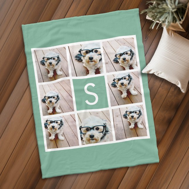 Couverture Polaire 8 Photo Collage monogramme - Vert menthe (Personalized fleece blanket with 8 photos and a monogram)