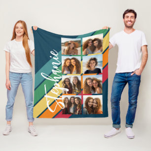 Couverture Polaire 8 Photo Retro bande motif arc-en-ciel monogramme