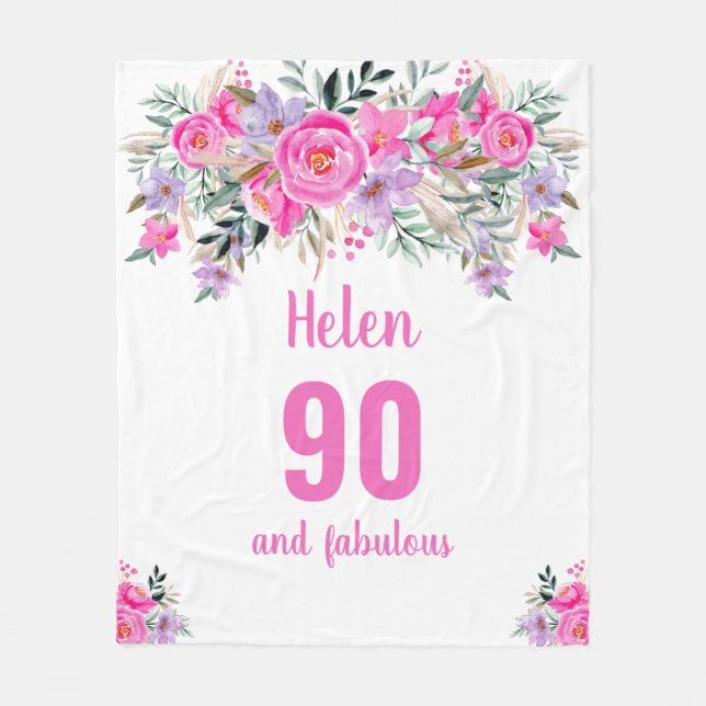 Couverture Polaire 90e anniversaire blanc fleuri rose (Devant)