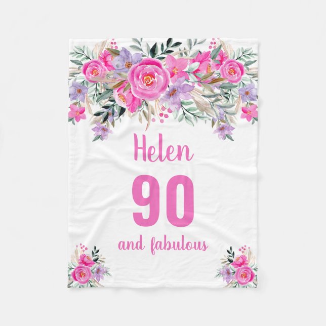 Couverture Polaire 90e anniversaire blanc fleuri rose (Devant)