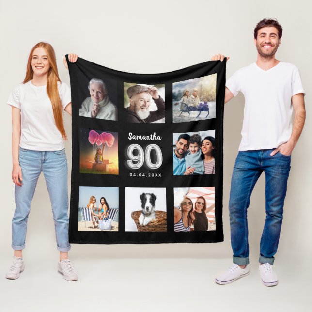 Couverture Polaire 90e anniversaire noir argent photo nom collage (En situation)