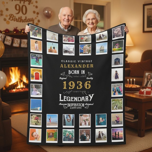 Couverture Polaire 90th Birthday Photo Collage Father Grandfather (1936 fleece blanket held by a couple in a room.)