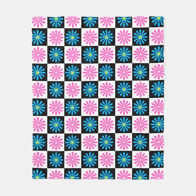 Couverture Polaire à damiers Aster bleu rose Floral Abstrait (Devant)