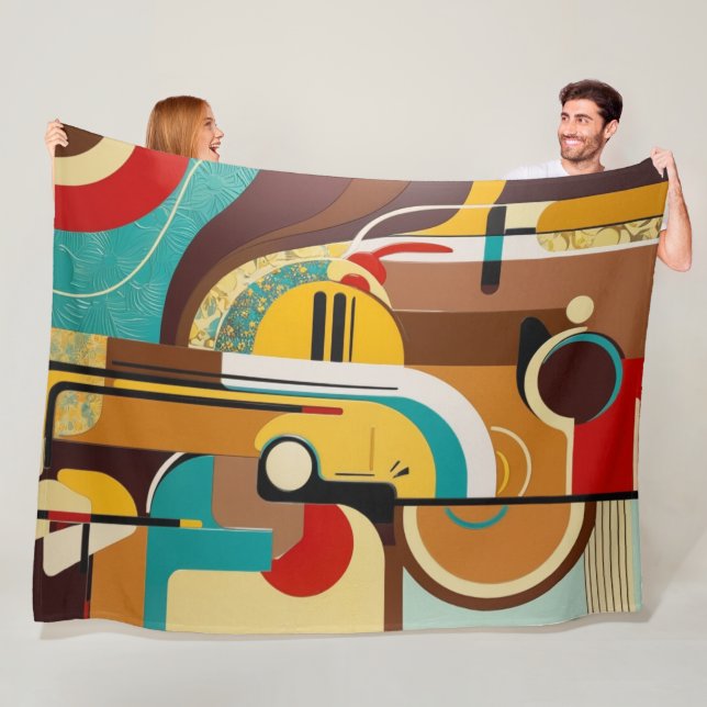 Couverture Polaire Abstract Retro Art | Yellow & Brown Design (En situation)