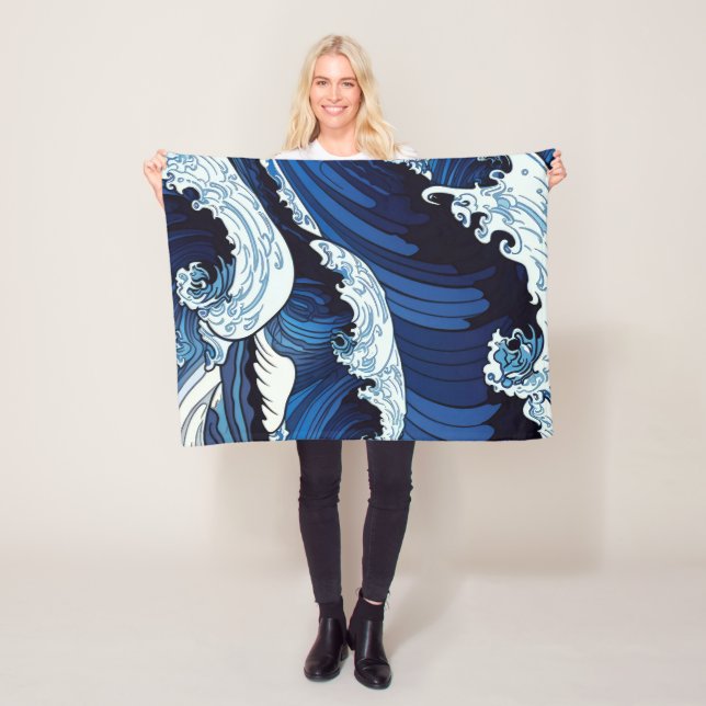 Couverture Polaire Abstrait Blue Ocean Waves Art de style japonais | (En situation)