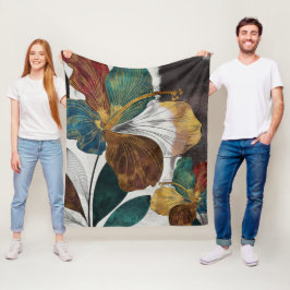 Couverture Polaire Abstrait Gold Line Floral Art avec Gras Pétales