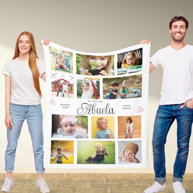 Couverture Polaire Abuela We Love You Personalized Hearts Modern (Abuela custom fleece blanket with favorite photos and custom text.)