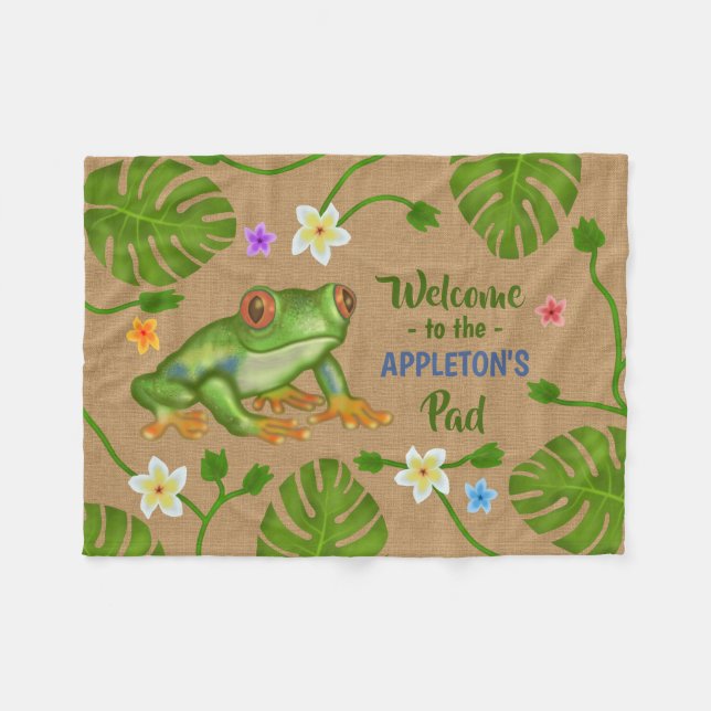 Couverture Polaire Accueil de grenouille au nom personnalisé tropical (Devant (Horizontal))