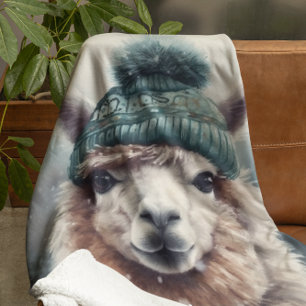 Couverture Polaire Adorable alpaga portant beanie bleue, personnalisa
