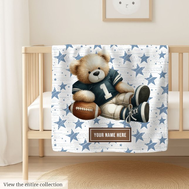 Couverture Polaire Adorable American Football Teddy Bear Personnalisé (Personalized American football teddy bear blanket, unique and perfect boy birthday gift choice.)