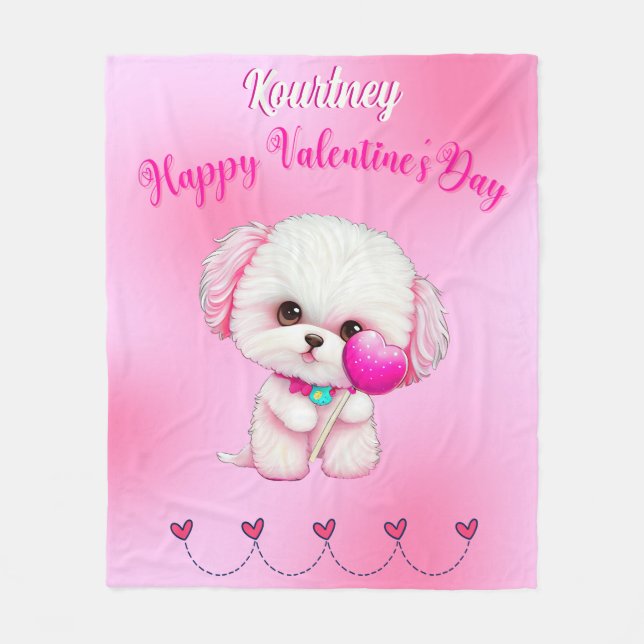Couverture Polaire Adorable Heureuse Sainte-Valentin maltais chiot (Devant)