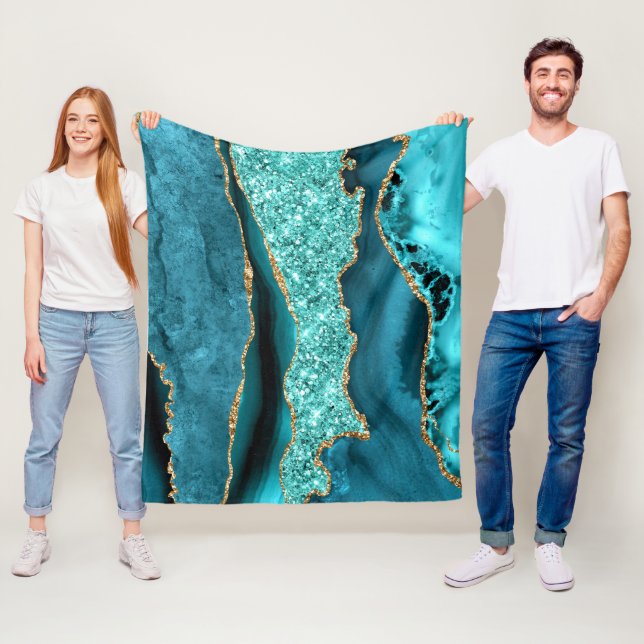 Couverture Polaire Agate Turquoise Blue Gold Parties scintillant Marb (En situation)