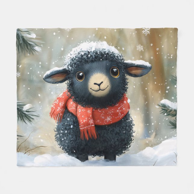 Couverture Polaire Agneau Noir Adorable Avec Écharpe Rouge (Devant (Horizontal))